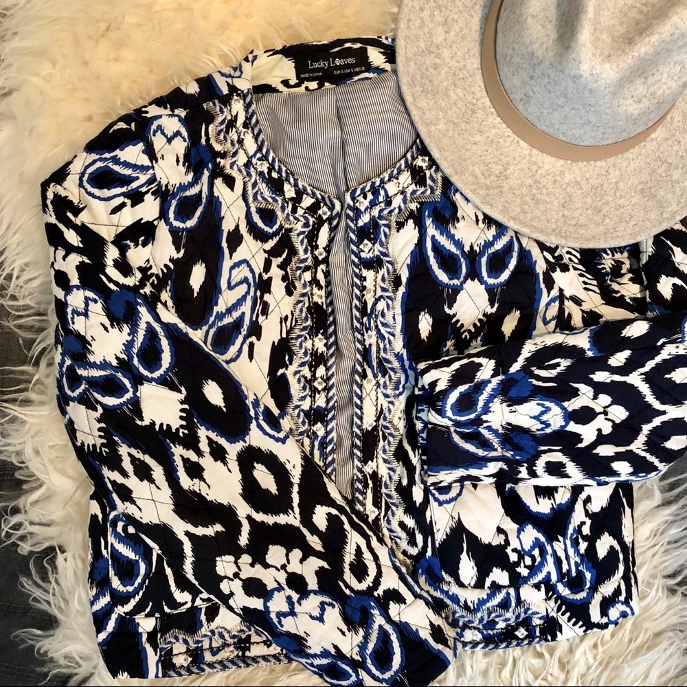 Ikat and silver thread detailed padded jacket